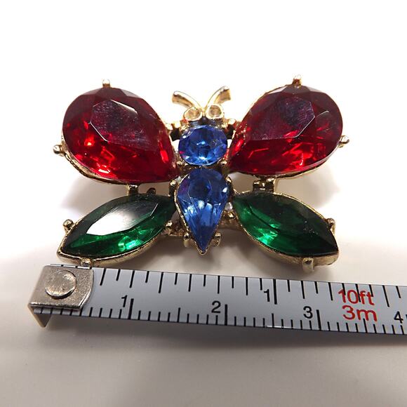 1940s Coro Butterfly Brooch Red Green Blue Rhinestone Gold Tone Vintage Jewelry - Picture 5 of 10